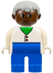 Duplo Figure - Male, Adult Man, Blue Legs, White Top with Red Buttons over Green Shirt Pattern, Light Gray Hair, Brown Head (75505)