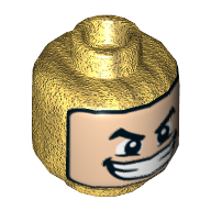Lego Minifig Head Loki, Balaclava, Light Nougat Face, Arched Eyebrows, Wide Smile with Teeth Print [Hollow Stud] / Pearl Gold