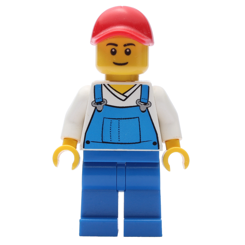 Lego Man, Blue Overalls over White V-Neck Shirt, Red Cap