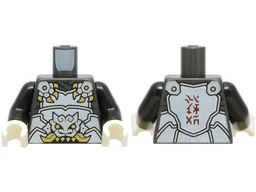 Torso Armor with White Plates, Silver and Gold Claws and Dragon Head, Dark Red Ninjago Logogram 'ZILVAR' on Back Pattern / Black Arms / White Hands