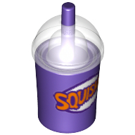 Lego Equipment Cup and Straw with Trans Clear Dome Lid and Dark Purple and Orange 'SQUISHEE' Print / Dark Purple