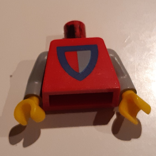 Lego Torso Classic Shield Red/Gray Print, Light Gray Arms, Yellow Hands / Red