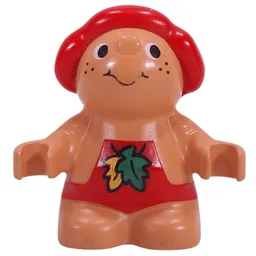 Duplo Figure Little Forest Friend, Male, Red Overalls with Green and Yellow Leaf Print (Baby Jelly Strawberry) / Nougat