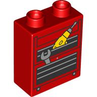 Lego Duplo Brick 1 x 2 x 2 with Tool Chest, Drill, Wrench print / Red