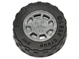 Wheel 11mm D. x 6mm with 8 Spokes with Black Tire 17.5mm D. x 6mm with Shallow Staggered Treads - Band Around Center of Tread  (93593 / 92409) / Flat Silver