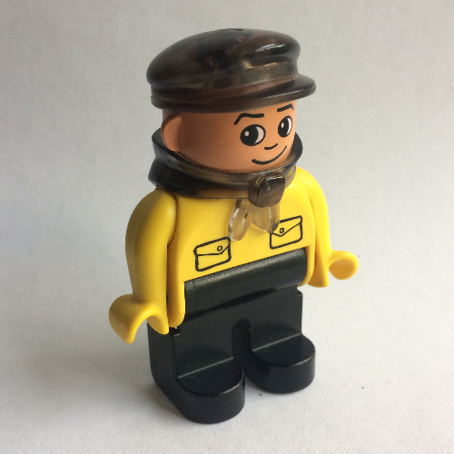 Lego Duplo Figure, Early, with Flat Cap Trans-Brown, Black Legs, Bandana, Pockets Print (Intelli-Train Driver) / Yellow