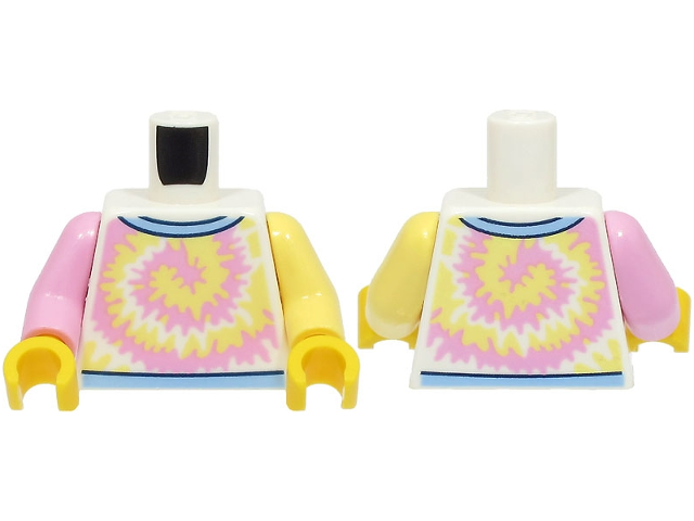 Lego Torso Shirt Bright Pink and Bright Light Yellow Swirl, Bright Light Blue Collar Pattern / Bright Light Yellow Arm Left / Bright Pink Arm Right / Yellow Hands