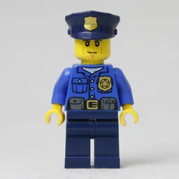 Policeman, Blue Shirt with Badge and Pouches, Dark Blue Legs, Dark Blue Police Hat with Badge, Cheek Lines