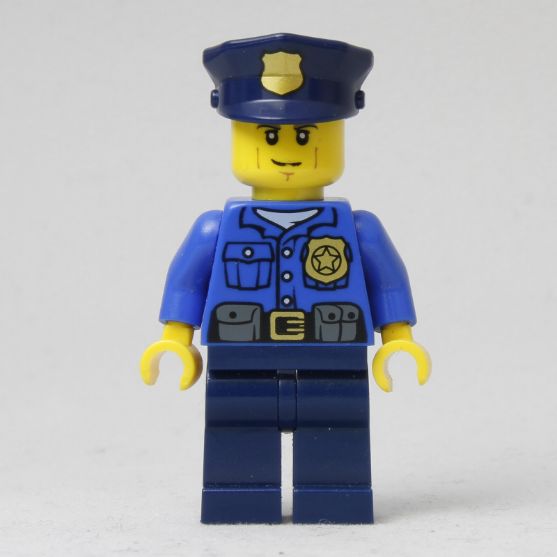 Lego Policeman, Blue Shirt with Badge and Pouches, Dark Blue Legs, Dark Blue Police Hat with Badge, Cheek Lines