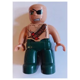 Duplo Figure with Rounded Head with Dark Green Legs, Chest Belt with Dynamite, Eyepatch Print (Pirate) / Nougat