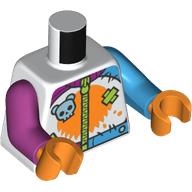 Lego Torso, Odd Arms, Jacket with Zipper, Medium Blue Skull, Orange Spot, Lime Bandage print, Left Medium Azure Arm, Right Magenta Arm, Orange Hands / White
