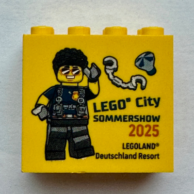 Lego Brick 2 x 4 x 3 with 'LEGO City SOMMERSHOW 2025 LEGOLAND Deutschland Resort', Police Officer print / Yellow