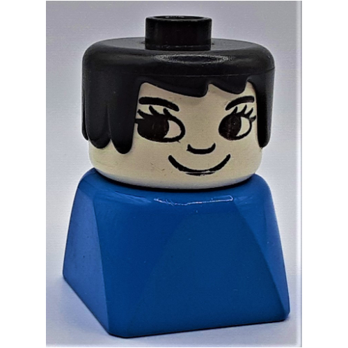 Lego Duplo 2 x 2 x 2 Figure Brick Early, Long Swept Hair Black, Eyelashes, Looking Right Print / Blue