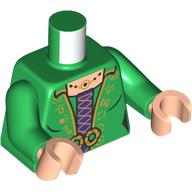 Lego Torso, Dress, Gold Decorations, Trim, Dark Purple Underdress print, Green Arms, Light Nougat Hands / Green