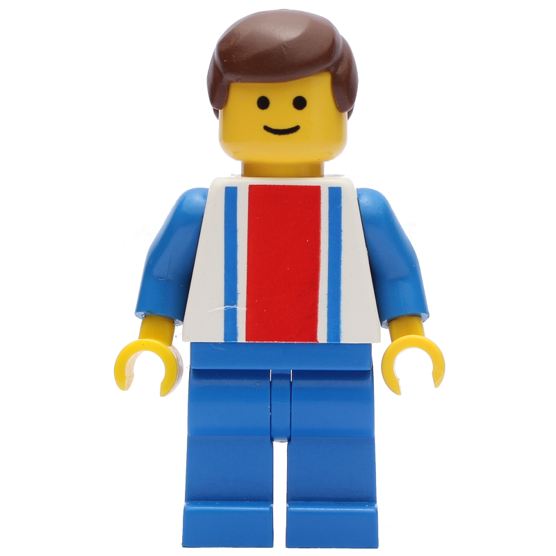 Lego Man, White Top with Large Red Stripe and 2 Blue Stripes, Blue Legs, Brown Hair