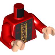 Lego Torso, Robe, Dark Red Decorations, Black /Dark Orange Front print, Red Arms, Light Nougat Hands / Red