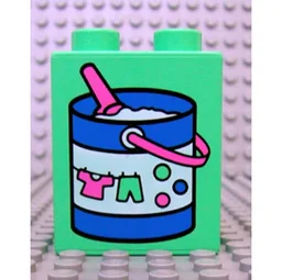 Duplo Brick 1 x 2 x 2 with Blue Laundry Detergent Packet with Pink Scoop Print / Medium Green