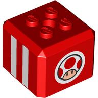Lego Brick Special Cube with 2 x 2 Studs on Top with Toad, White Stripes print / Red