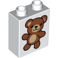 Lego Duplo Brick 1 x 2 x 2 with Bottom Tube - Brown and Tan Teddy Bear print / White
