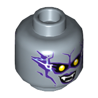 Lego Minifig Head Harpy, Dual Sided, Female with Yellow Eyes, Lightning, Purple Lips, Fangs, Smile / Wink, Lopsided Smirk Print [Hollow Stud] / Sand Blue