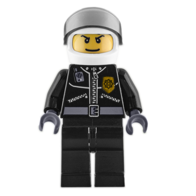 Lego Policeman, Black Jacket with Zipper, Radio, and Badge, White Helmet and Visor, Printed Hair-line