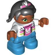 Lego Duplo Figure Child, Hair with Bangs Black and Dark Pink Hairclip with Rabbit Decoration, White Top with Dark Pink and Lime Stripes over Dark Pink Shirt with Rabbit Print / White