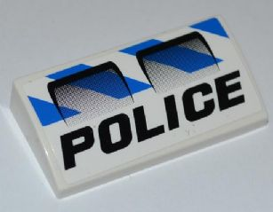 Lego Slope, Curved 2 x 4 x 2/3 without Bottom Tubes with Black 'POLICE', Air Intakes on Blue Danger Stripes Pattern (Sticker) - Set 7970
