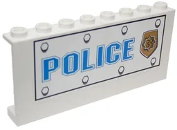 Stickered Assembly 8 x 1 x 3 with Bolts, Blue 'POLICE', and World City Gold Police Badge Pattern Model Left Side (Sticker) - Set 7034