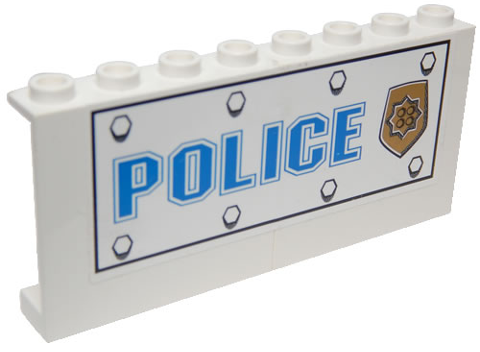 Lego Stickered Assembly 8 x 1 x 3 with Bolts, Blue 'POLICE', and World City Gold Police Badge Pattern Model Left Side (Sticker) - Set 7034
