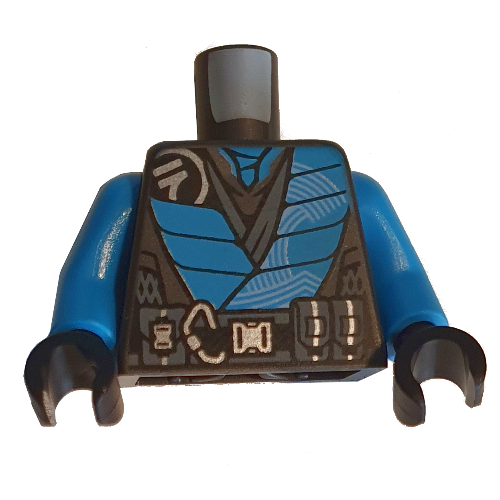Lego Torso Robe, Dark Azure Trim, Dark Grey Utility Belt Print (Nya), Dark Azure Arms, Black Hands / Pearl Titanium
