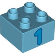 Lego Duplo Brick 2 x 2 with '1' Print / Medium Azure
