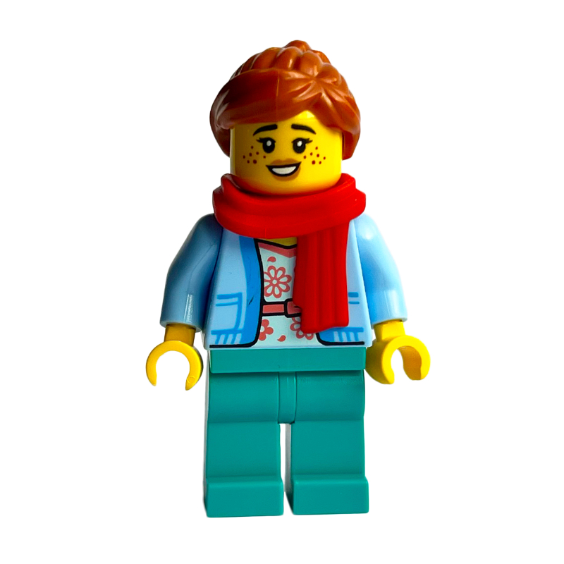 Lego Bright Light Blue, Dark Turquoise Legs, Dark Orange Hair, Red Scarf