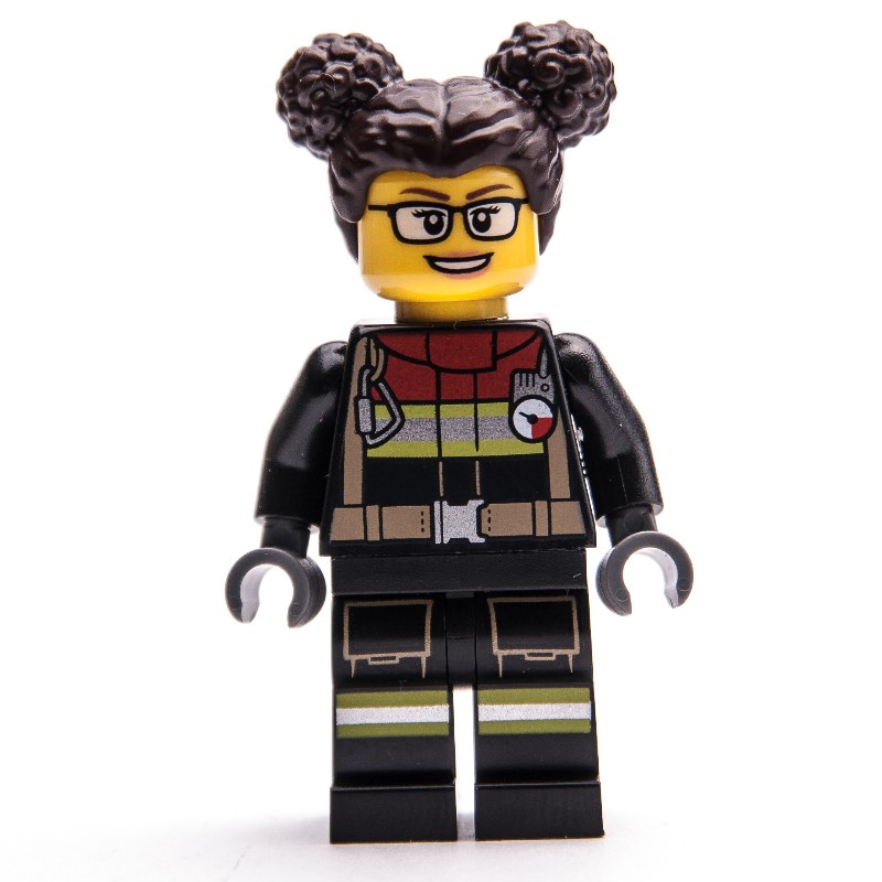 Lego Firefighter, Black Fire Suit, Dark Brown Hair with Two Buns, Glasses