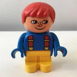 Duplo Figure, Early with Joined Legs Yellow, Blue Top with Red Suspenders, Red Hair, Freckles, White in Eyes Print / Blue