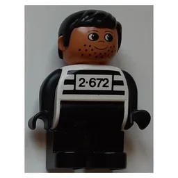 Duplo Figure, Early, with Short Parted Hair Black, Black Legs, Black Arms, Black Stripes and '2-672' Print (Criminal) / White