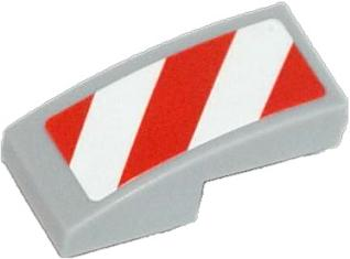 Lego Slope, Curved 2 x 1 x 2/3 with Red and White Danger Stripes (Red Corners) Pattern Model Right Side (Sticker) - Sets 60056 / 60152 / 60223 / Light Bluish Gray
