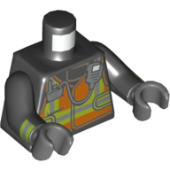 Lego Torso Orange Vest with Silver and Lime Stripes and Silver Radio Print, Black Arms with Reflective Stripes Print, Dark Bluish Gray Hands / Black