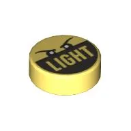 Tile Round 1 x 1 with Two Eyes and 'LIGHT' on Dark Silver Print / Bright Light Yellow