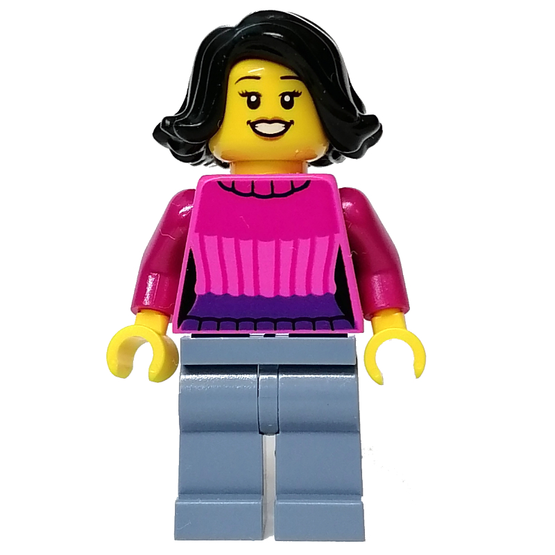 Lego Dark Pink Torso, Sand Blue Legs, Black Hair