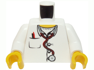 Lego Torso Hospital Lab Coat, Open Collar, Stethoscope, Pocket Pen, and Thermometer Pattern / White Arms / Yellow Hands