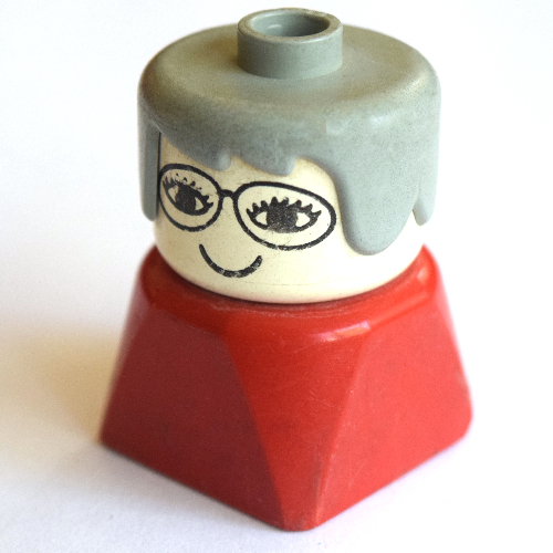 Lego Duplo 2 x 2 x 2 Figure Brick Early, Long Swept Hair Light Gray, Glasses Print / Red