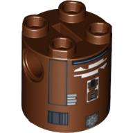 Lego Brick Round 2 x 2 x 2 Robot Body, Axle Holder '+' Orientation with Black and White Astromech Droid Print (R7-D4) / Reddish Brown