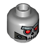 Lego Minifig Head Robo Skeleton, Skull with Red Eyes, Metal Eyebrows with Rivets and Metal Jaw with Screws Print [Hollow Stud] / Light Bluish Gray