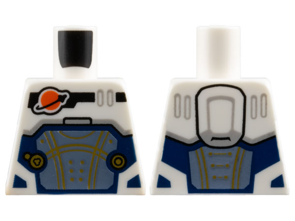 Lego Torso Reddish Orange and Black Classic Space Logo, Sand Blue Panel with Gold Lines, Dark Blue Trim Pattern
