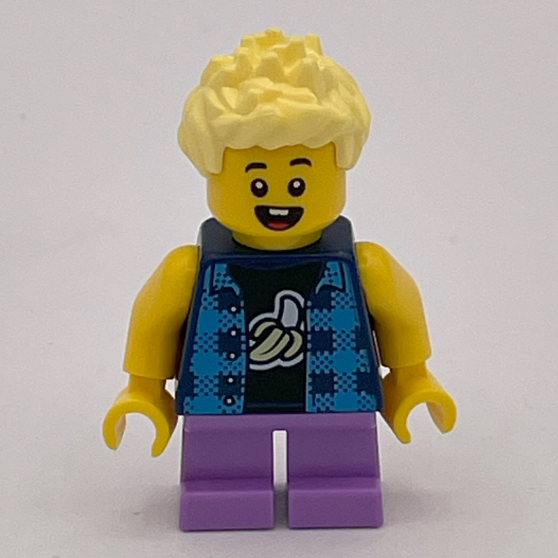 Lego Boy, Dark Blue Banana Shirt, Short Medium Lavender Legs