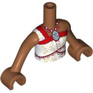 Lego Minidoll Torso Girl with Sienna Brown Arms and Hands with White Wrapped Dress, Red/Dark Red Trim, Tan Decorations, Sand Green Shell print / Sienna Brown
