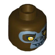 Minifig Head G'Loona, Dual Sided, Gorilla with Yellow Eyes, Protruding Front Teeth and Gray Face Happy / Sad Print [Hollow Stud] / Dark Brown