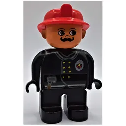 Duplo Figure, Early, Fire Helmet Red, Black Legs, Gold Buttons, Axe, Fire Badge, Moustache Print / Black