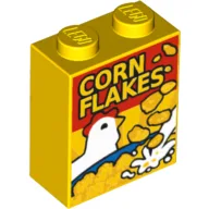 Brick 1 x 2 x 2 with Cereal Box with Chicken and 'CORN FLAKES' Print / Yellow