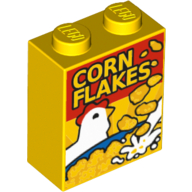Lego Brick 1 x 2 x 2 with Inside Stud Holder with Cereal Box with Chicken and 'CORN FLAKES' Print / Yellow